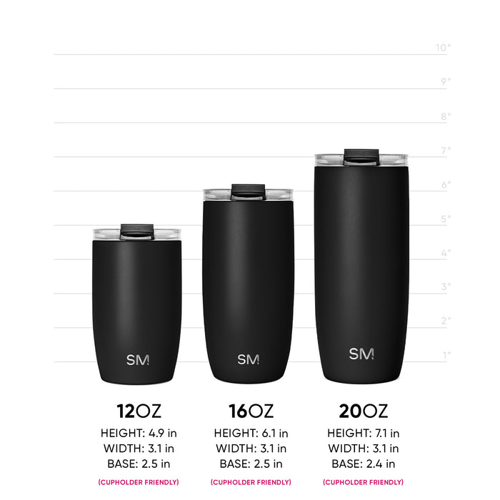 Three black matte drinkware vessels arranged on a white background, displaying product measurement sizing options.
