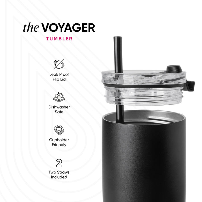 Dark gray matte finish stainless steel tumbler with black lid and white accent band, displayed against a white background