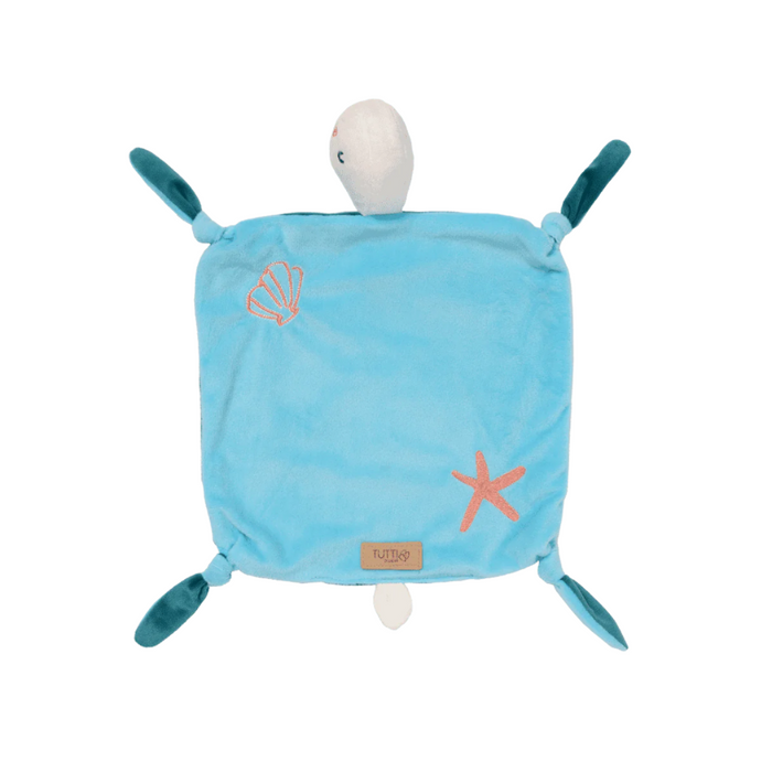 Cutout view of the Our Planet comforter showcasing its soft blue fabric, embroidered sea motifs, and knotted corner details