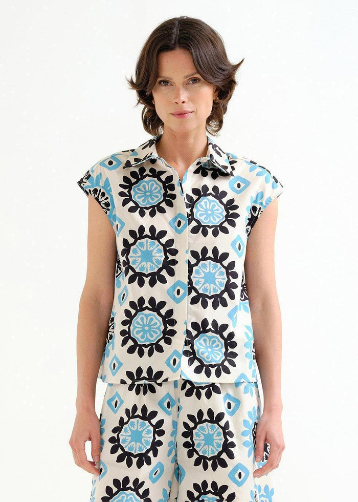 Compañía Fantástica - Geometric Print Top - Black/White/Sky Blue-Compañía Fantástica-treehaus