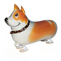 A large, inflatable corgi balloon with a smiling face and a collar, predominantly white and tan in color.