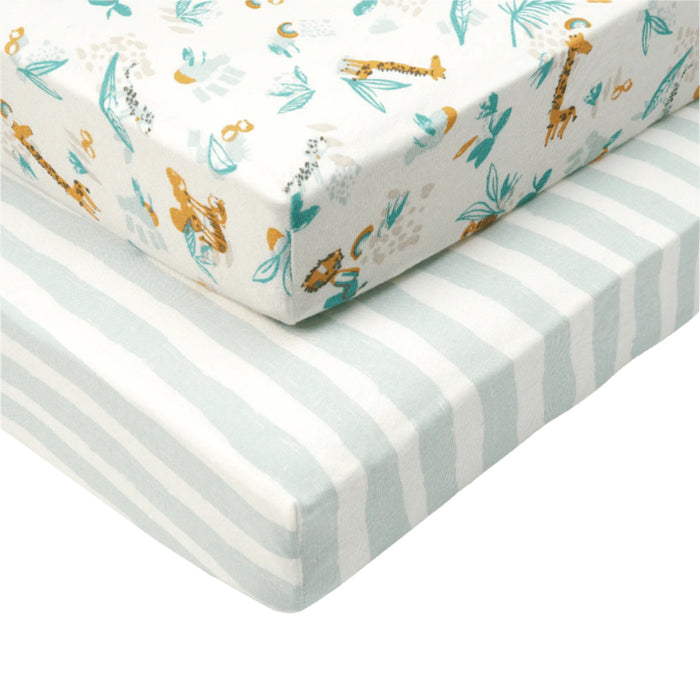 Pack of two cot bed fitted sheets from the Run Wild collection, including one striped and one safari animal print, crafted from soft organic cotton