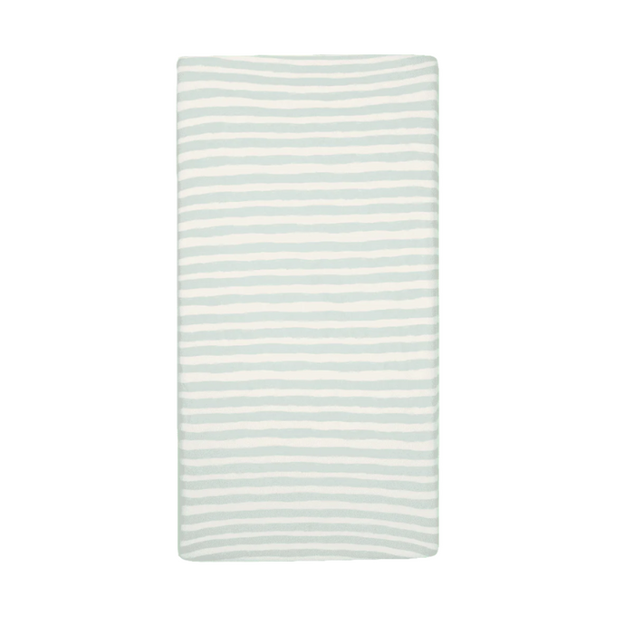 Cot bed fitted sheet from the Run Wild collection with calming hand-drawn mint green stripes on soft organic cotton