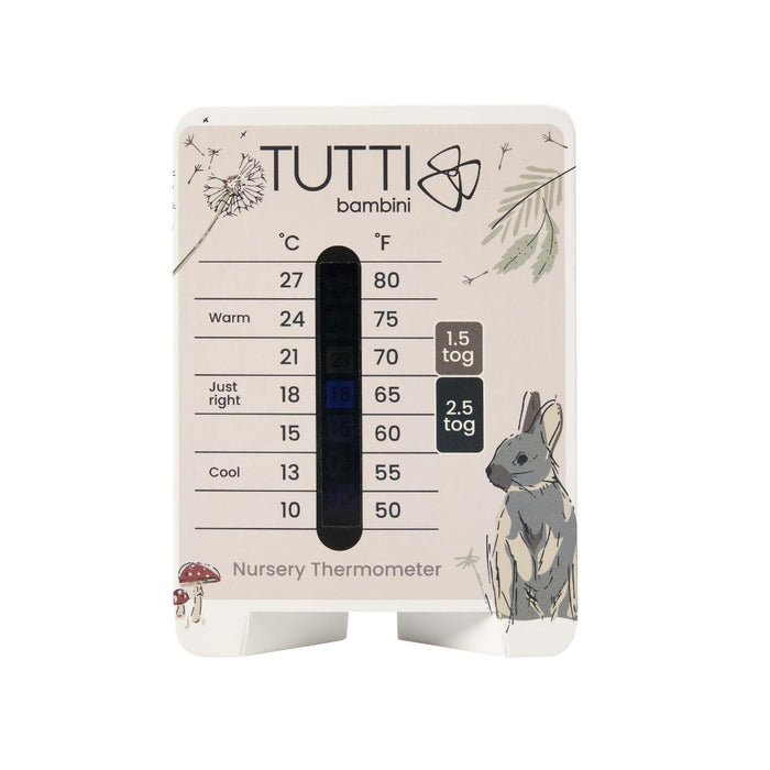 Nursery thermometer featuring Cocoon artwork, with clear temperature guide for choosing correct tog for baby's comfort