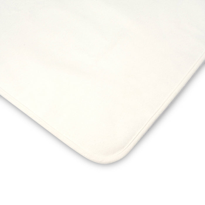 Overhead view of the waterproof cotton mattress protector for cot or cot bed, featuring a soft-touch white surface and smooth finish
