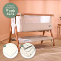 A 3-piece baby bundle set shown in a nursery-like room setting, featuring a beige crib with wooden legs, a white mesh side panel, and an included mattress protector and bedding. A green circular badge at the top left reads '3-Piece Bundle Set Worth £282'.