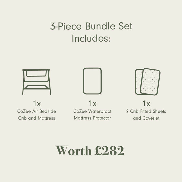 A product information graphic for a 3-piece bundle set on a light beige background. The graphic shows simple line drawings of a crib, a mattress protector, and fitted sheets, with text stating '3-Piece Bundle Set Includes:' and listing the items included: 'Cozee Air Bedside Crib and Mattress,' 'Cozee Waterproof Mattress Protector,' and '2 Crib Fitted Sheets and Coverlet.