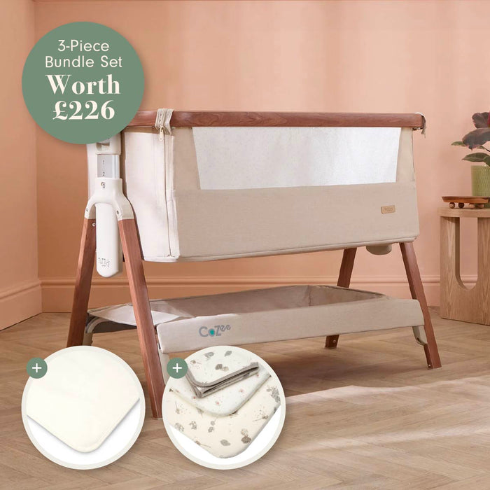 A 3-piece baby bundle set shown in a nursery-like room setting, featuring a beige crib with wooden legs, a white mesh side panel, and an included mattress protector and bedding. A green circular badge at the top left reads '3-Piece Bundle Set Worth £226'.
