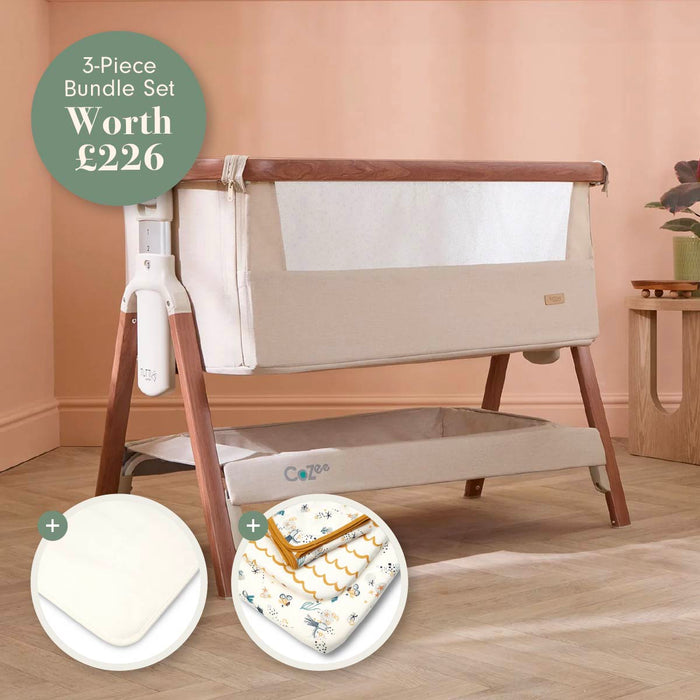 A 3-piece baby bundle set shown in a nursery-like room setting, featuring a beige crib with wooden legs, a white mesh side panel, and an included mattress protector and bedding. A green circular badge at the top left reads '3-Piece Bundle Set Worth £226'.