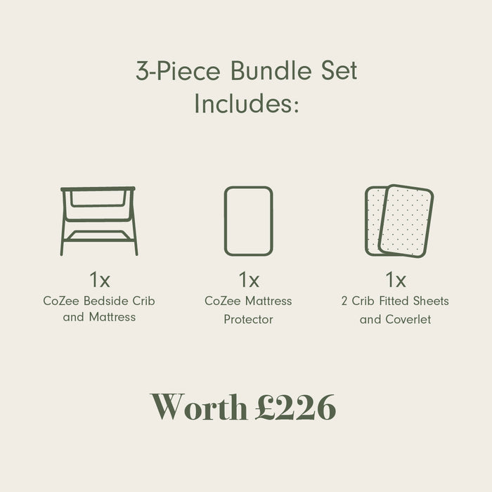 3-piece bundle set with CoZee Bedside Crib and Mattress, Mattress Protector, and Crib Fitted Sheets and Coverlet on a beige background.