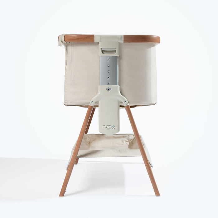 CoZee Bedside Crib Scandinavian Walnut and Ecru shown on level 6 > adjustable height positions for bedside compatibility