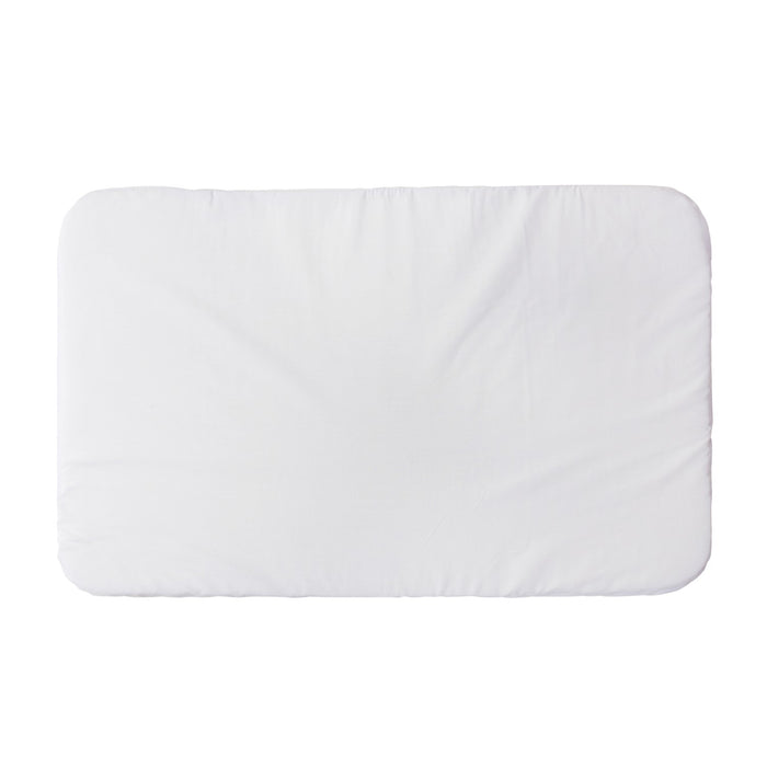 Front-facing view of the Cozee crib mattress in plain white finish, featuring softly padded edges and a smooth, baby-safe surface
