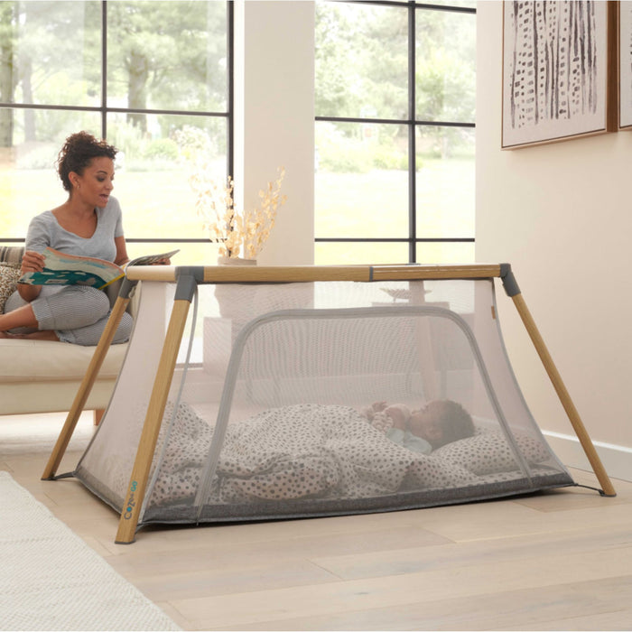 CoZee Go 3-in-1 Bassinet, Travel Cot & Playpen in Oak and Charcoal - multifunctional design for sleep, play, and travel versatility
