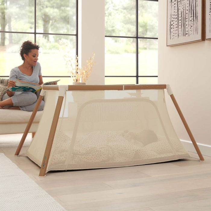 CoZee Go Travel Cot Scandinavian Walnut and Ecru > multifunctional sleeping space for naps and overnight stays