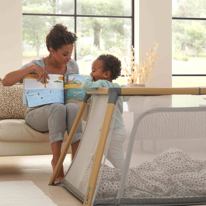 CoZee Go Travel Cot > multifunctional cot with breathable mesh sides for safe sleeping and playtime