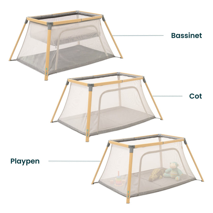 CoZee Go 3-in-1 Travel Cot in Oak and Charcoal – Converts into bassinet, cot and playpen for versatile use