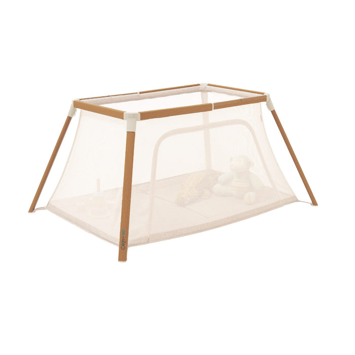 CoZee Go Travel Cot Scandinavian Walnut and Ecru > spacious play area for toys and comfort