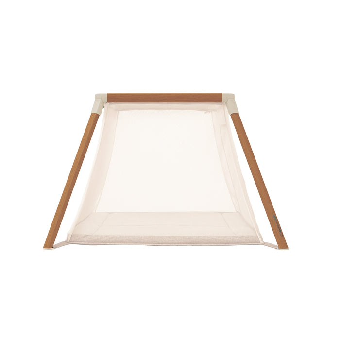 CoZee Go Travel Cot Scandinavian Walnut and Ecru > zip-down side panel for easy access