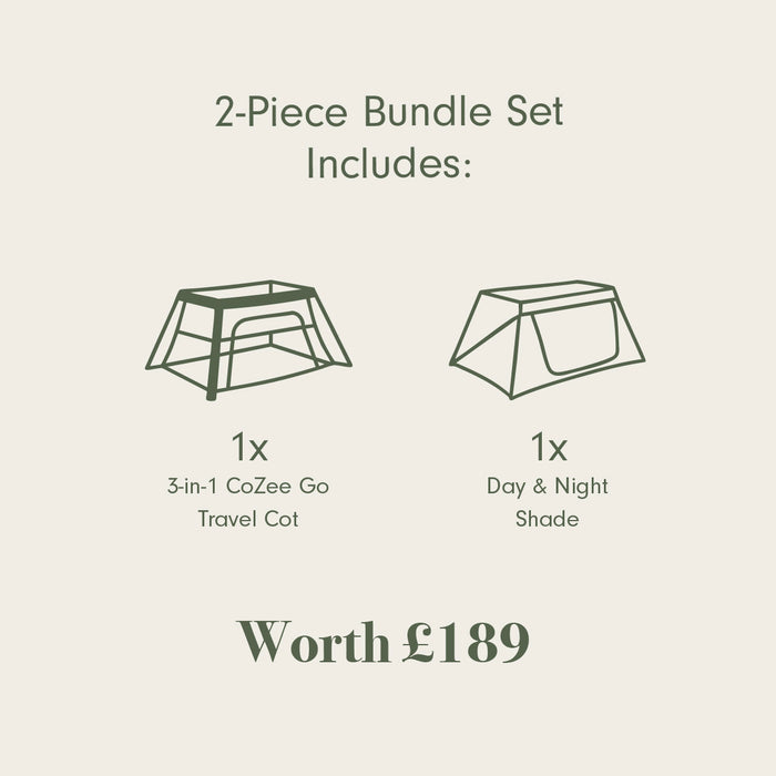 2-piece bundle set with 3-in-1 CoZee Go travel cot and Day & Night shade on a beige background.