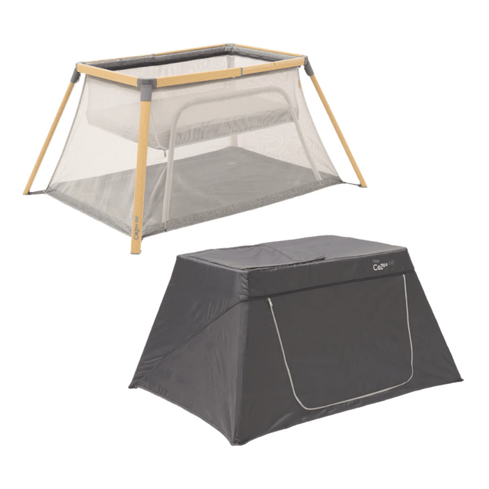 CoZee Go Day and Night Bundle > multifunctional travel cot with breathable mesh sides and blackout cover for day and night use