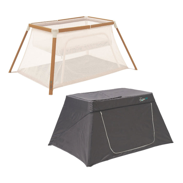 CoZee Go Travel Cot in Scandinavian Walnut & Ecru with a zipped blackout carry cover – portable design for convenient storage and travel protection