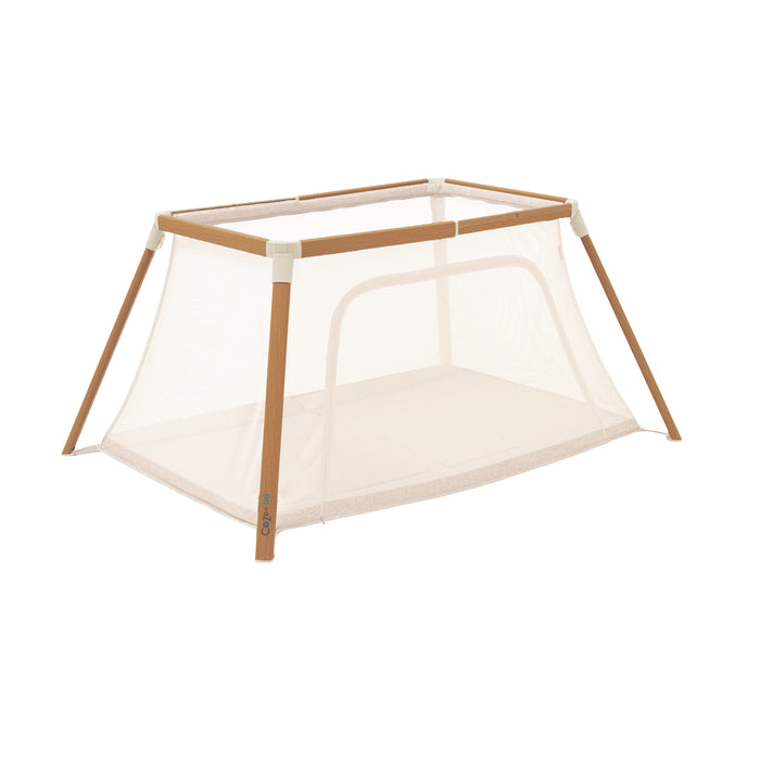 CoZee Go Travel Cot Scandinavian Walnut and Ecru > breathable mesh sides for safe airflow