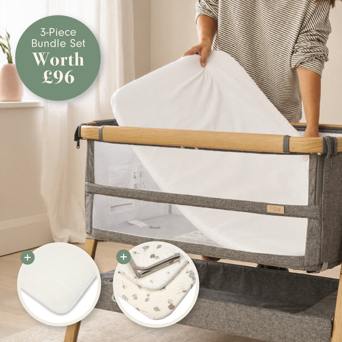 Bedding bundle for CoZee bedside cribs, includes mattress, mattress protector and Cocoon bedding set
