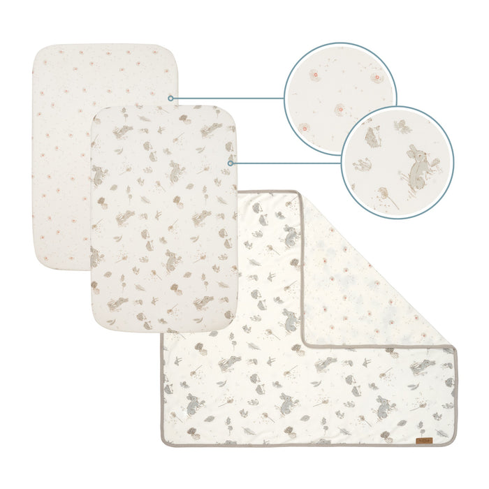 cutout showing a flat lay view of the different items included in the bedside crib starter pack