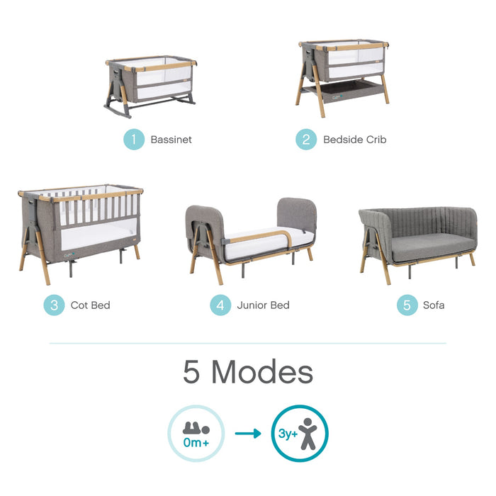 CoZee XL in Oak and Charcoal, showcasing five convertible modes from birth to three years