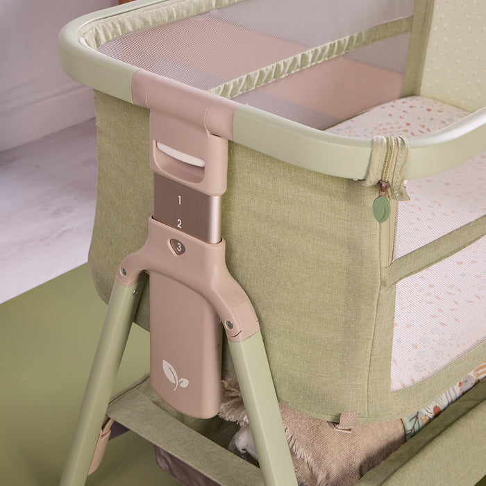 Close-up of the CoZee Zen height-adjustable leg with numbered settings, showing simple adjustment for a safe bedside fit.