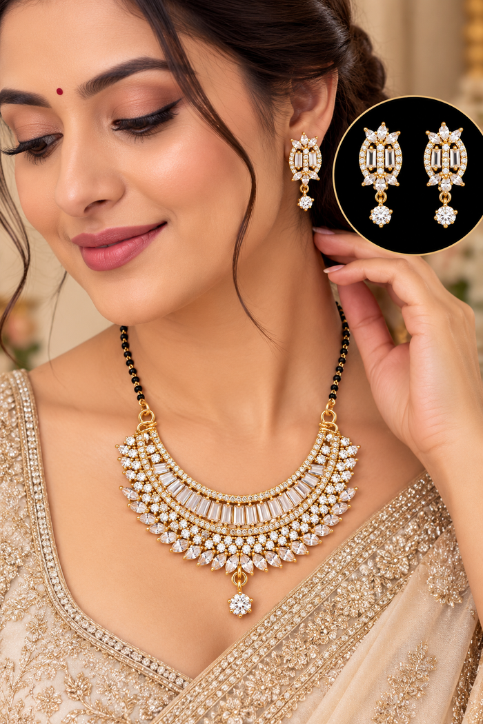 CZ mangalsutra necklace and matching earrings detail