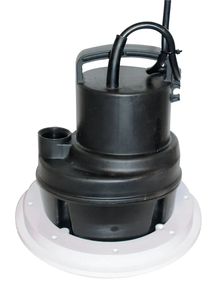 A black submersible pump, the TAS Danner Utility Pool Pump, placed on top of a white base. This pump is designed for de-watering applications and offers a high maximum flow rate.
