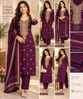 Deep plum and gold unstitched three-piece soft cotton suit