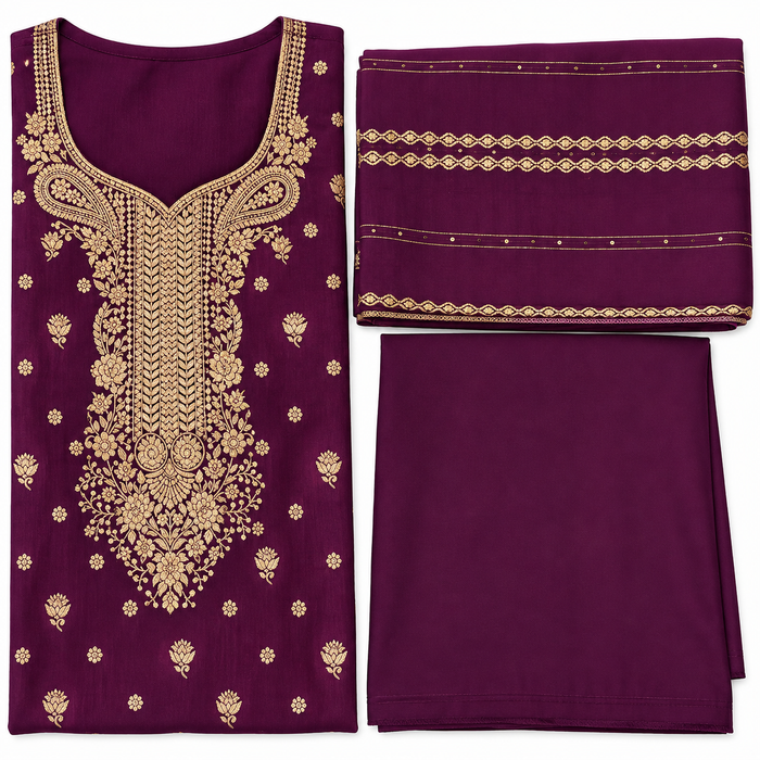 Deep plum and gold unstitched soft cotton suit fabric detail