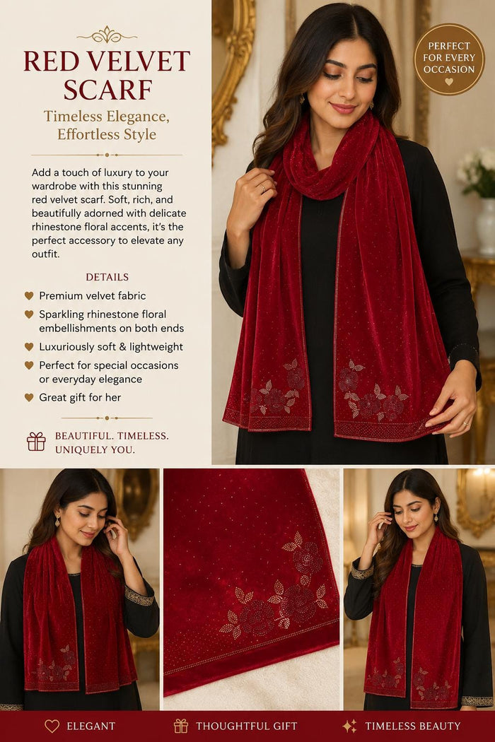 Deep red velvet rhinestone scarf