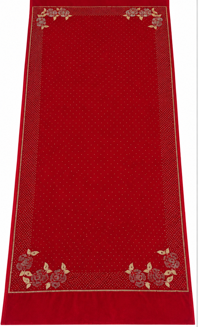 Deep red velvet rhinestone scarf – floral rhinestone and border detail