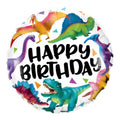 round mylar balloon with dinosaur prints and "Happy Birthday"