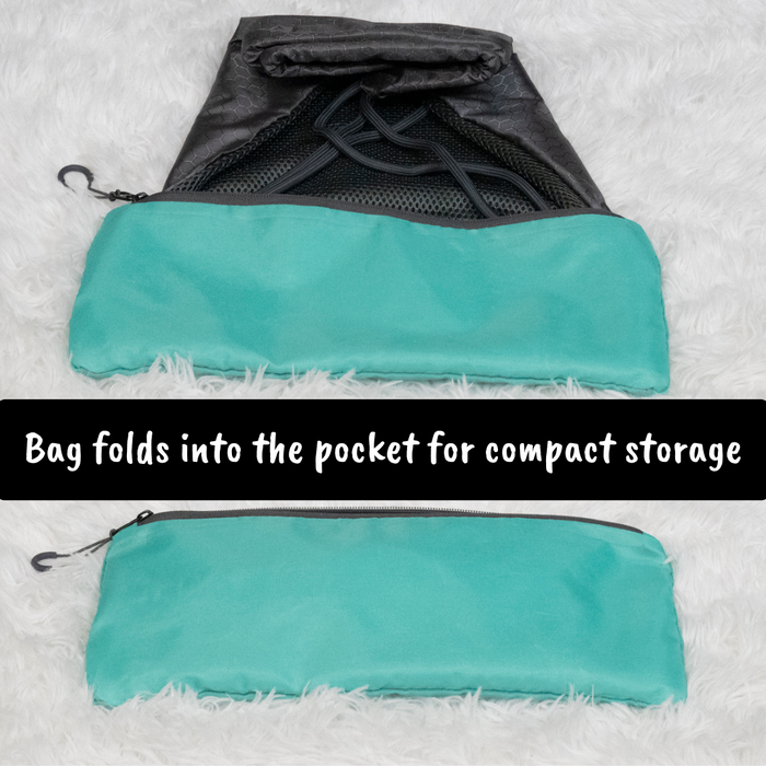 Top image shows a high-quality black Busy Baby Drawstring Backpack partially folded into a teal fabric pocket with a zipper. Bottom image shows the same bag fully folded into the teal pocket. The text on the image reads, "Bag folds into the pocket for compact storage." The background is fuzzy white fabric.