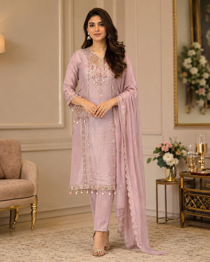 Dusty pink embroidered three-piece suit