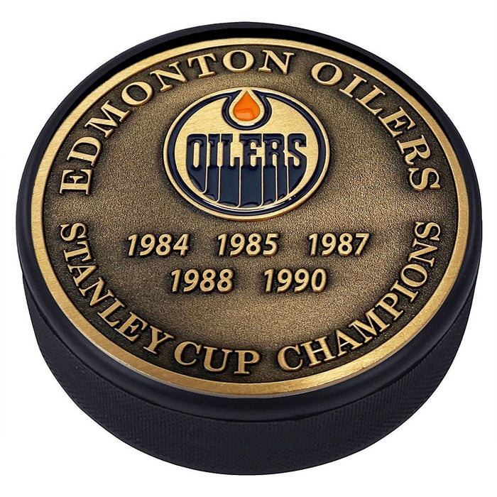 Edmonton Oilers Puck - Stanley Cup Years Gold Medallion
