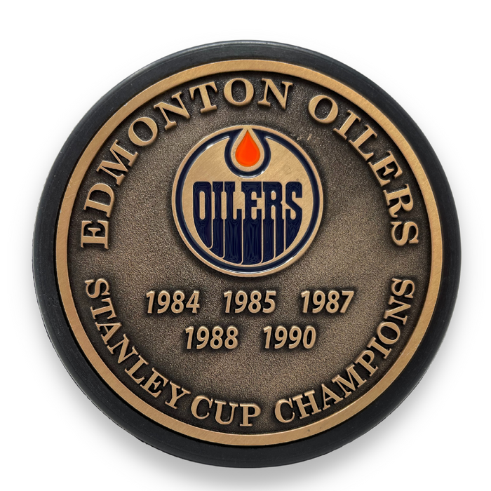 Edmonton Oilers Puck - Stanley Cup Years Gold Medallion