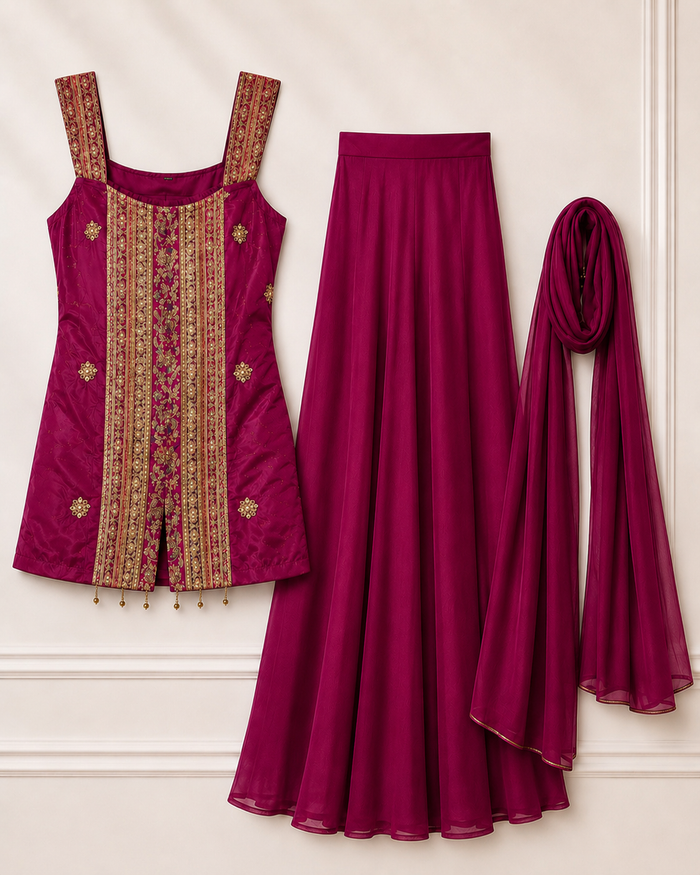 Embroidered palazzo outfit with coordinating dupatta detail