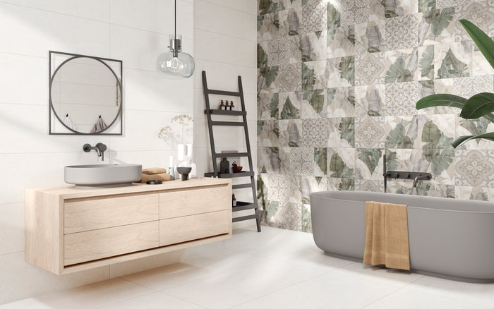 Enya Leaves White 12x40 Ceramic Wall Tile