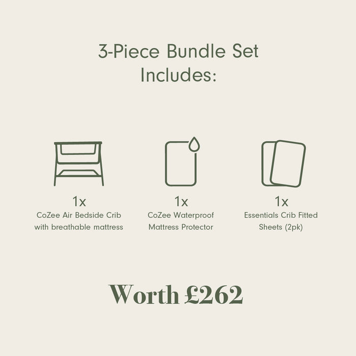 3-piece bundle set with CoZee Air Bedside Crib, Waterproof Mattress Protector, and Essentials Crib Fitted Sheets on a beige background.