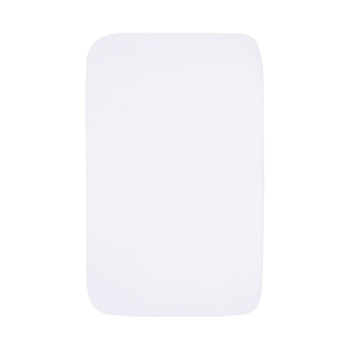 Cutout view of the Essentials crib fitted sheet in white, made from soft, breathable fabric for a snug and comfortable sleep surface