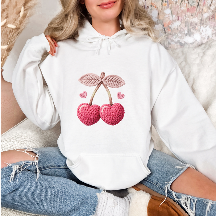 Faux Yarn Crochet Cherries Valentine's Day Graphic Hoodie