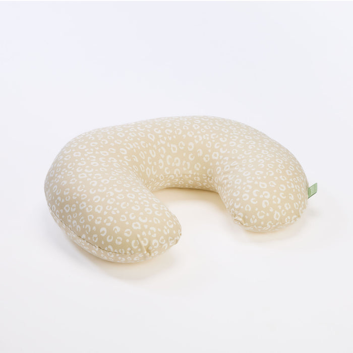 Love Cats feeding pillow in soft beige leopard print, shown in cutout view highlighting its curved shape and supportive design.