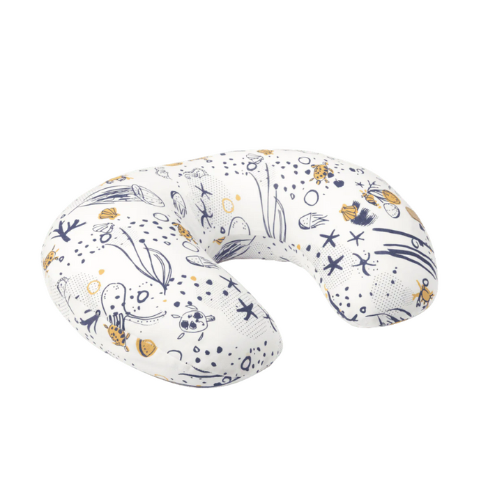 Cutout view of the Our Planet feeding pillow, featuring a curved supportive shape with soft neutral tones and playful illustrated pattern