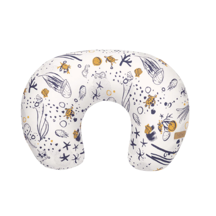 Our Planet C-shaped feeding pillow with marine colours and sea life motifs on a white background
