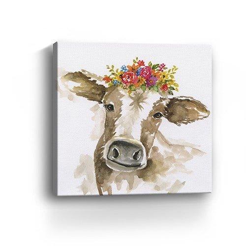 Floral Cow Canvas Wall Art 20"